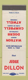 Matchbook Cover - Judge Dillon Election 1969 Republican Butler PA?
