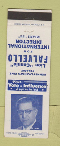 Matchbook Cover - Lions Club Connie Falvello Director Election Miami 1956