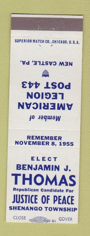 Matchbook Cover - Benjamin Thomas Justice of Peace Election Shenango Township PA