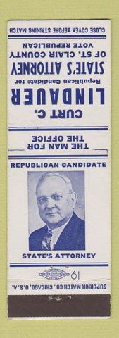Matchbook Cover - Curt Lindauer State's Attorney Election St Clair County