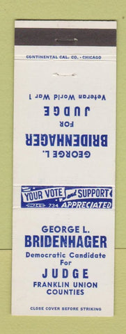 Matchbook Cover - George Bridenhager Judge Election Franklin Union County