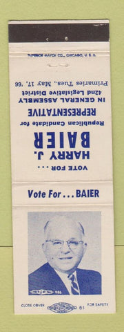 Matchbook Cover - Harry J Baier Representative Election 1966