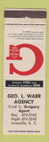 Matchbook Cover - Geo Ward Insurance Jonesville SC WEAR