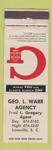 Matchbook Cover - Geo Ward Insurance Jonesville SC WEAR