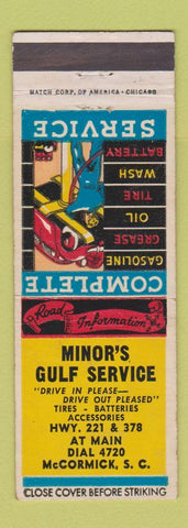 Matchbook Cover - Minor's Gulf oil gas McCormick SC