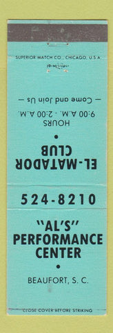Matchbook Cover - Al's Performance Center Beaufort SC El Matador Club