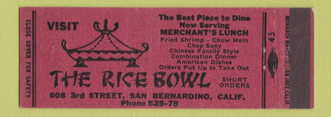 Matchbook Cover - The Rice Bowl San Bernardino CA Full Length