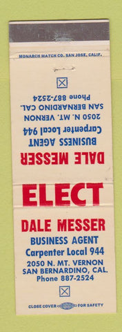 Matchbook Cover - Dale Messer Carpenter's Union San Bernardino CA