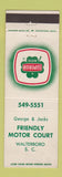 Matchbook Cover - Friendly Motor Court Motel Walterboro SC Superior
