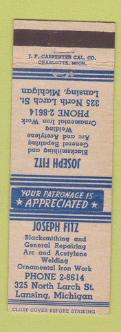Matchbook Cover - Joseph Fitz Blacksmith Lansing MI