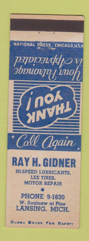 Matchbook Cover - Ray Gidner Hi Speed oil gas Lee Tires Lansing MI