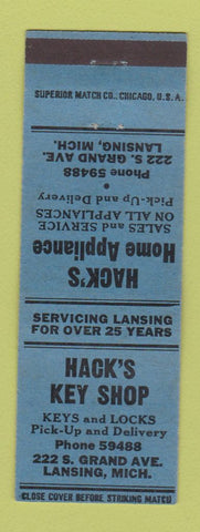 Matchbook Cover - Hack's Key Shop Home Appliance Lansing MI BLUE