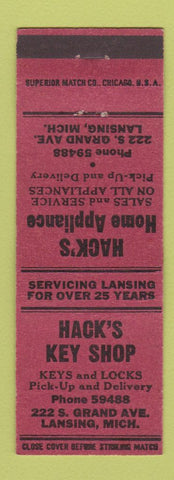 Matchbook Cover - Hack's Key Shop Home Appliance Lansing MI RED