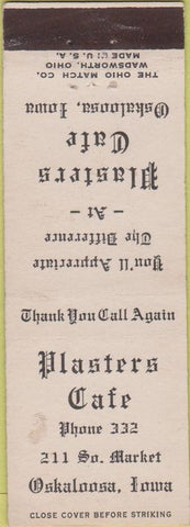 Matchbook Cover - Plasters Cafe Oskaloosa IA