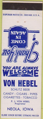 Matchbook Cover - Von Hebel Neola IA Schlitz Beer