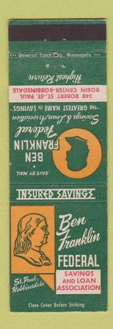 Matchbook Cover - Ben Franklin Federal Savings Loan St Paul Robbinsdale MN