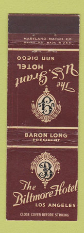 Matchbook Cover - Biltmore Hotel Los Angeles CA San Diego US Grant