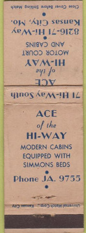 Matchbook Cover - Ace of Hi Way Cabins Kanas City MO WORN