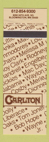 Matchbook Cover - Carlton Bloomington MN Bob Hope Charo Roy Clark Paul Anka