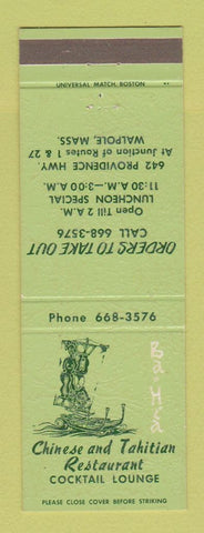 Matchbook Cover - Ba Hia Chinese Tahitian Restaurant Walpole MA