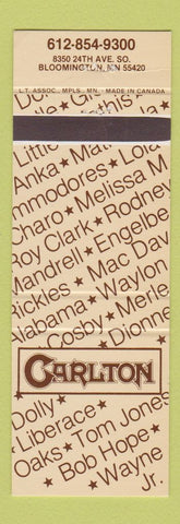 Matchbook Cover - Carlton Bloomington MN Bob Hope Charo Roy Clark Paul Anka