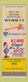 Matchbook Cover - BT Udee AFCO American Furnace CJ Seliga