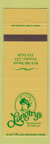 Matchbook Cover - Langtry's Restaurant Saloon Greeley Colorado