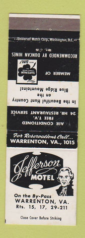 Matchbook Cover - Jefferson Motel Warrenton VA