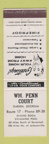 Matchbook Cover - Wm Penn Court Motel Darien GA