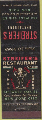Matchbook Cover - Streifer's Restaurant New York City