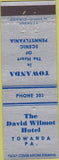 Matchbook Cover - Davis Wilmot Hotel Towanda PA
