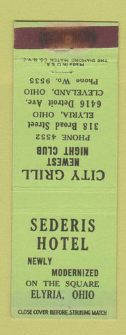 Matchbook Cover - Sederis Hotel Elyria OH City Grill Cleveland OH WEAR
