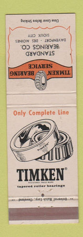 Matchbook Cover - Timken Bearings Davenport Des Moines Sioux City IA