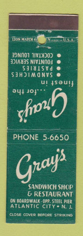 Matchbook Cover - Gray's Sandwich Shop Atlantic City NJ