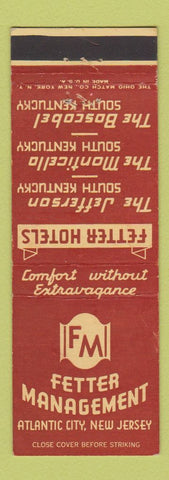 Matchbook Cover - Fetter Hotels Atlantic City NJ Jefferson Monticello Boscobel