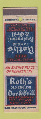 Matchbook Cover - Roth's Old English Bar Grill New York City