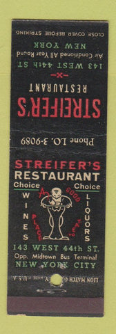 Matchbook Cover - Streifer's Restaurant New York City