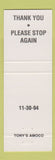 Matchbook Cover - Amoco oil gas Tony's New Middletown OH
