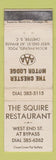 Matchbook Cover - Squire Restaurant Chester Motor Lodge SC WORN