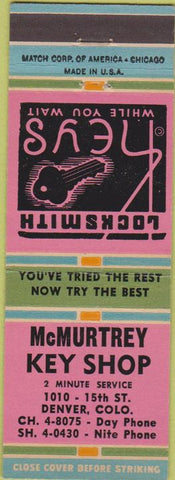 Matchbook Cover - McMurtrey Key Shop Denver CO