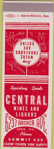 Matchbook Cover - Central Wines Liquor Argo IL