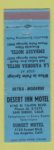 Matchbook Cover - Desert Inn Motel San Diego Los Angeles Palm Springs CA