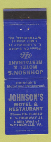 Matchbook Cover - Johnson Motel Restaurant Wytheville VA BLUE