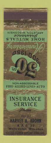 Matchbook Cover - Home Mutual Insurance Harvey Krohn Whitewater WI 1950