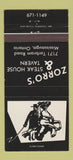 Matchbook Cover - Zorro's Steak House Tavern Mississauga ON 30 Strike