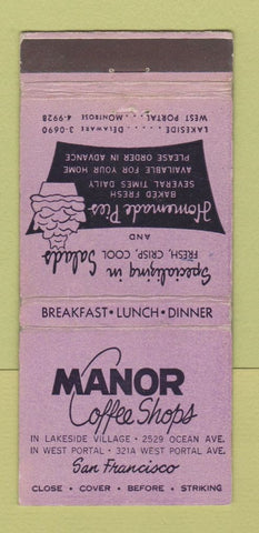 Matchbook Cover - Manor Coffee Shop San Francisco CA 30 Stick