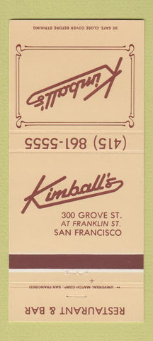 Matchbook Cover - Kimball's Restaurant San Francisco CA 30 Strike