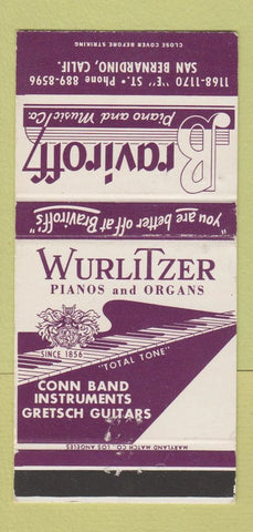 Matchbook Cover Braviroff Piano Music Wurlitzer San Bernardino CA WEAR 30 Strike