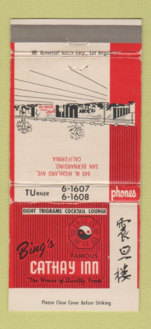Matchbook Cover - Bing's Cathay Inn Chinese San Bernardino CA WEAR 30 Strike