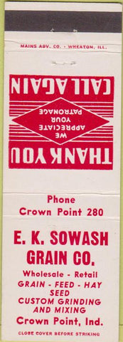 Matchbook Cover - EK Sowash Grain Co feed seed Crown Point IN